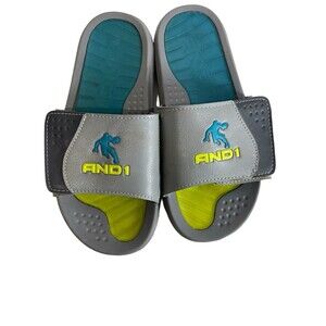AND1 Boys Size 6 Strider Slide Adjustable Strap Sandal Shoes Gel • Grey‎ &Lime